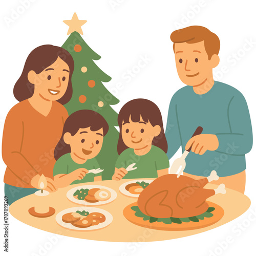 Flat vector illustration of family Christmas dinner with roasted turkey, parents and children celebrating holiday together. Concept of festive meal, tradition, happiness, cozy home
