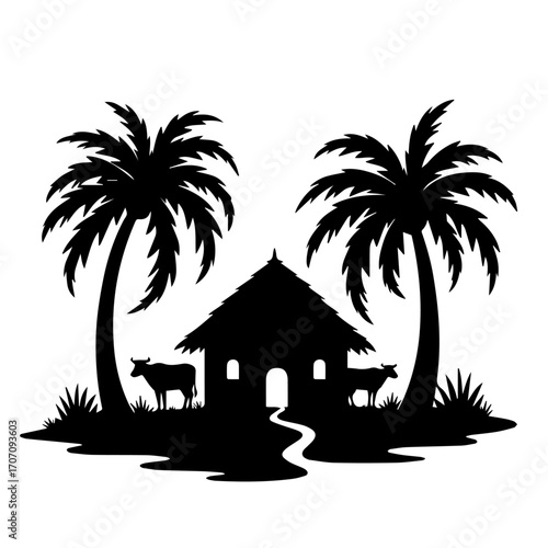 Rustic Village Life Silhouettes with Farmers, Huts & tree