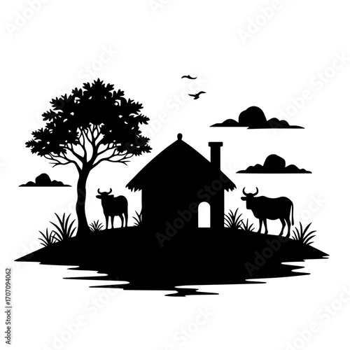 Rustic Village Life Silhouettes with Farmers, Huts & tree