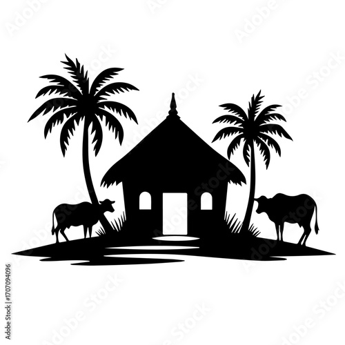 Rustic Village Life Silhouettes with Farmers, Huts & tree