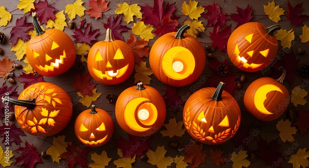 Fototapeta premium Flatlay of carved pumpkins with candles glowing, autumn leaves scattered around.