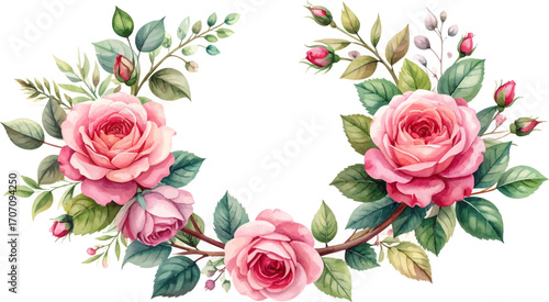 Beautiful pink roses with foliage for decor. Elegant rose wreath design for greeting cards. Floral round frame with roses, greenery. Soft pastel roses with pink accents, leaves. Fresh pink rose wreath