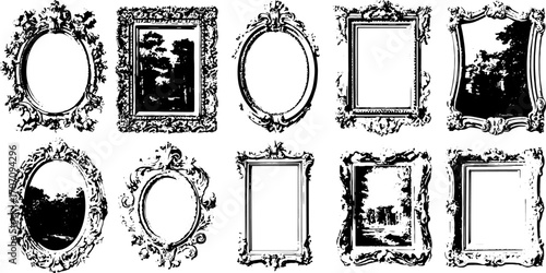 Decorative frames in various styles. Vintage and ornate vector illustration set featuring empty designs in black and white.