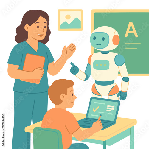 Flat vector illustration of student learning with teacher and AI robot assistant. Artificial intelligence, education technology, digital classroom and tutoring concept
