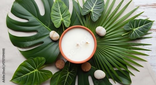 Aromatic soy candle amidst tropical foliage and smooth stones flat lay
