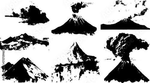 Volcano landscape with eruption elements. Black and white vector illustration showing mountains, ash, and smoke in a dramatic natural set.