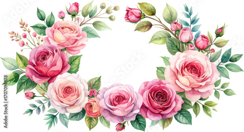 Soft pink and blush rose wreath design. Delicate rose floral wreath with fresh greenery. Watercolor rose wreath for elegant invitations. Romantic pink flowers wreath with gentle design
