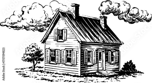 Vintage house engraving illustration featuring an outline view with detailed architecture. Black and white vector art showcases a rural landscape with trees and clouds.