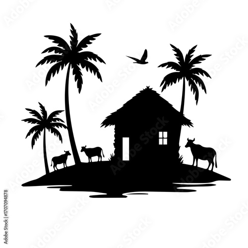 Rustic Village Life Silhouettes with Farmers, Huts & tree