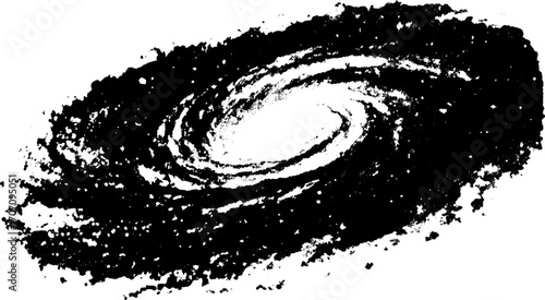 Galactic engraving illustration. Line drawing of a spiral galaxy in black and white vector style, presented as a set of visual elements.