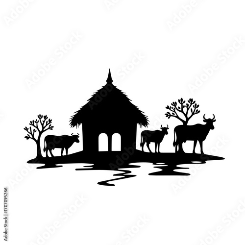 Rustic Village Life Silhouettes with Farmers, Huts & tree