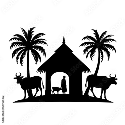 Rustic Village Life Silhouettes with Farmers, Huts & tree