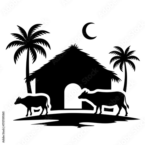 Rustic Village Life Silhouettes with Farmers, Huts & tree