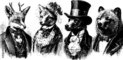 Animal illustrations of a fox and a bear in vintage attire. Detailed vector illustration set showcasing their unique characters and historical fashion styles.