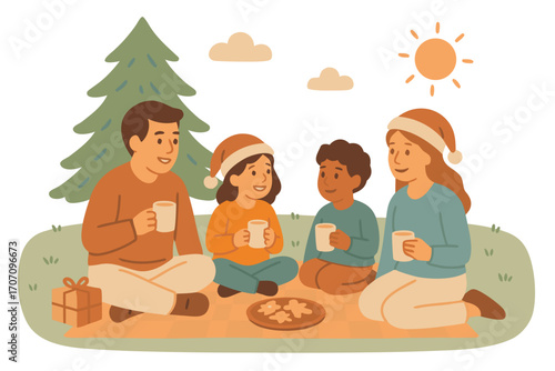 Flat vector illustration of family celebrating Christmas outdoors. Parents and children drinking cocoa, eating cookies and enjoying holiday picnic together. Winter holiday and festive family time