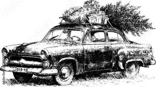 Vintage car with packages and a tree on the roof. Detailed black and white vector illustration for retro design set.