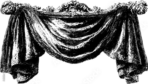 Vintage curtain drape with ornate barocco frame in black and white. Classic engraving style vector illustration with decorative elements.