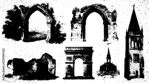 Vintage engravings of architectural archways and towers. Black and white vector illustration featuring historical structures in a set.