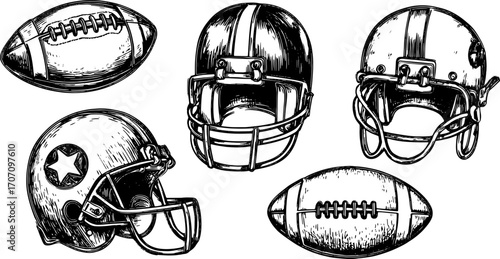 Vintage football helmets and ball set in a detailed line drawing style. Black and white vector illustration suitable for sports themes.