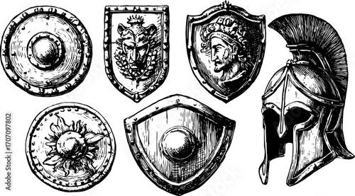 Vintage shields and helmet in detailed engraving style. Black and white line drawing illustration showcasing historical battle accessories in a vector set.