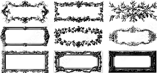 Vintage frame set with ornate, decorative designs. Black and white line drawings featuring floral elements, presented in vector illustration.