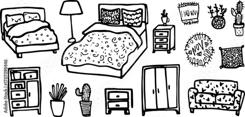 Bedroom furniture set including a bed, couch, and dresser in hand-drawn style. Simple monochrome vector illustration.