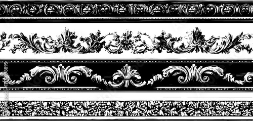 Floral border design in black and white. Elegant vector illustration featuring decorative elements and ornate patterns, ideal for a set background.