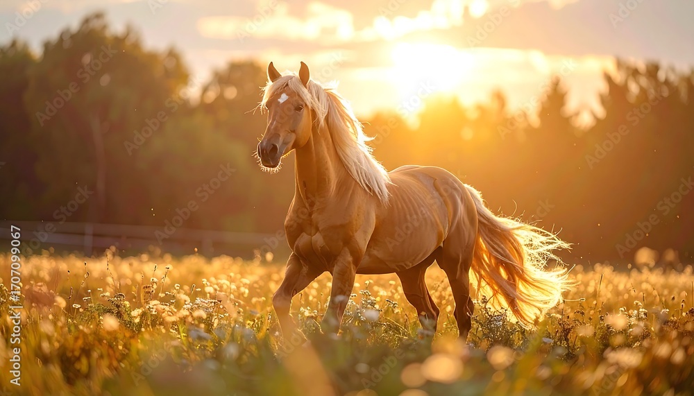 Obraz premium A golden horse gallops freely through a sunlit meadow, mane and tail flowing in the breeze during golden hour
