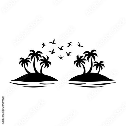 palm trees on the beach, palm, beach, tree, island, tropical, sea, summer, vector, sun, illustration, nature, travel, ocean, sunset, landscape, silhouette, water, sky, vacation, paradise, sand, exotic