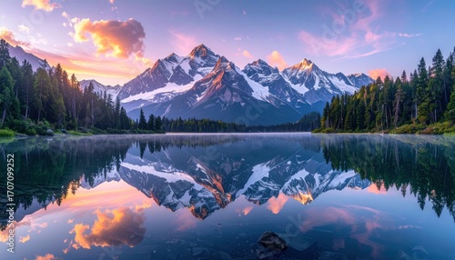 Snow-capped mountain reflected in a serene lake at sunset, surrounded by tall evergreens under a pastel-colored sky