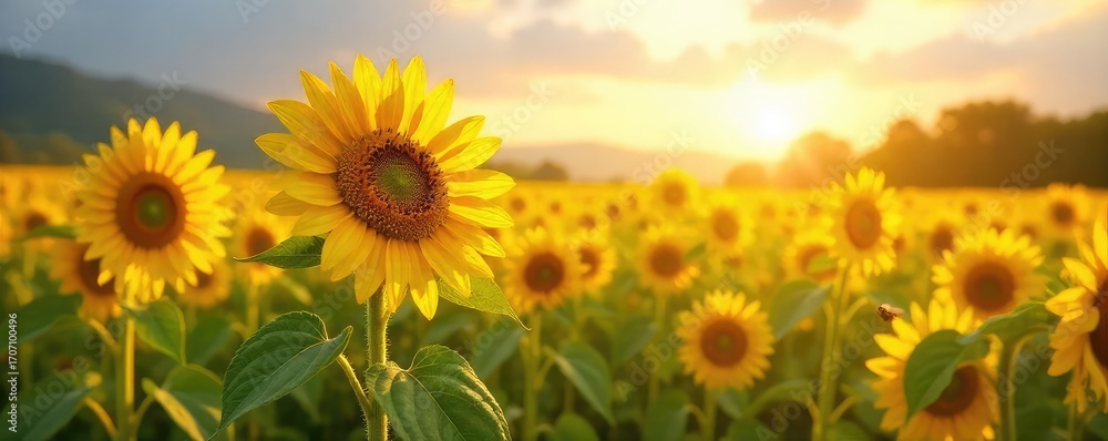 Obraz premium A vibrant field of sunflowers basks in the golden sunlight, a tranquil pastoral scene with buzzing bees and gentle breeze Perfect for summer, nature, and agriculture themes , organic, flowers