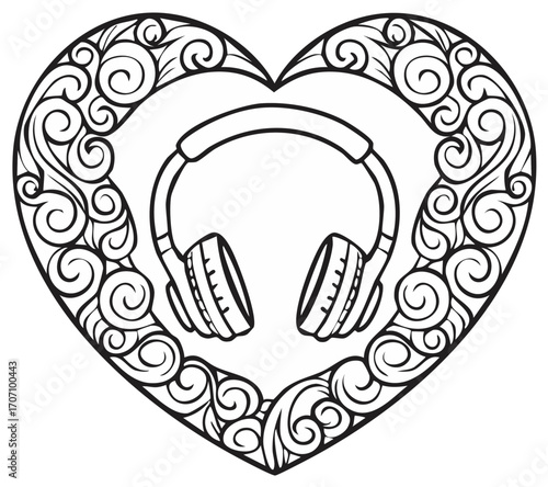 Headphones in Heart Ornamental Frame Coloring Page for Relaxation and Art Therapy