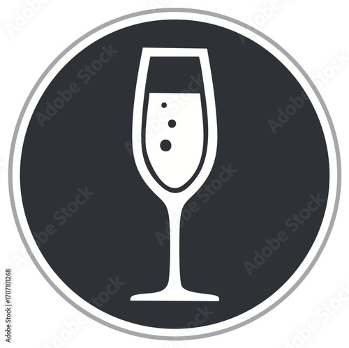 Elegant champagne glass on dark circle background, sparkling wine, celebration, toast icon