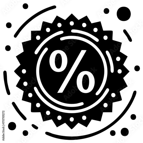 Black and white graphic of a percentage sign within a starburst badge with scattered circles and lines