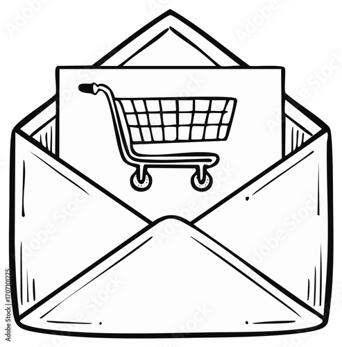 Open Envelope with Shopping Cart Illustration Delivering Retail Offers and Marketing Messages for Online Shopping