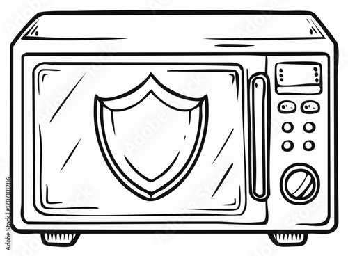 Microwave Oven with Shield Symbol Hand Drawn Line Art Black and White Appliance Icon