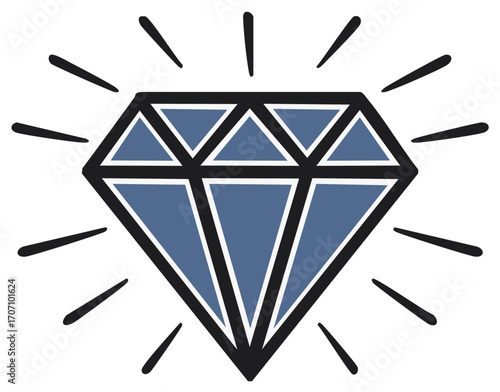 Stylized blue diamond with light rays around it, vector illustration of gem concept, luxury icon, diamond shape symbol