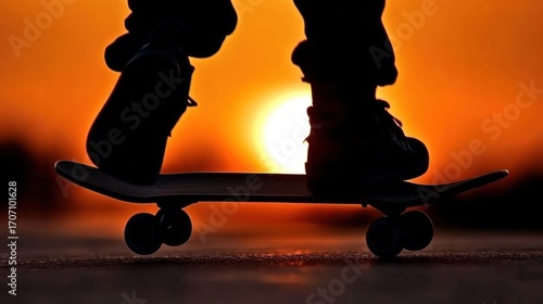 Silhouette of a Skateboarder at Sunset with Vibrant Orange Sky and Relaxing Evening Atmosphere