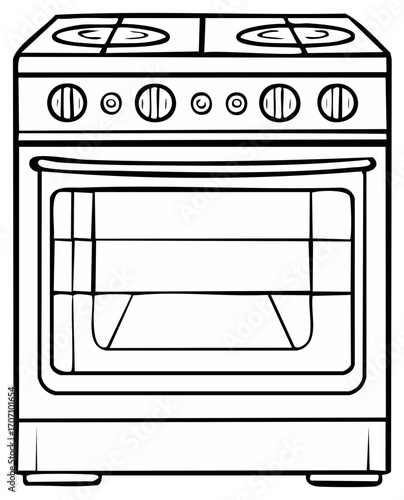 Kitchen stove with oven black and white line art illustration for coloring book page