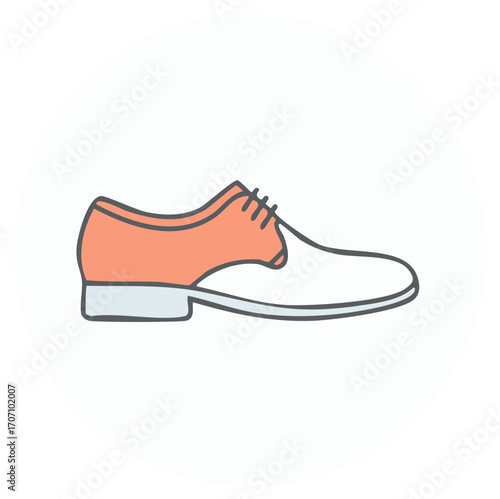 Isolated illustration of a casual saddle shoe, laced and with a two-tone design in salmon and white, outlined on a light background.