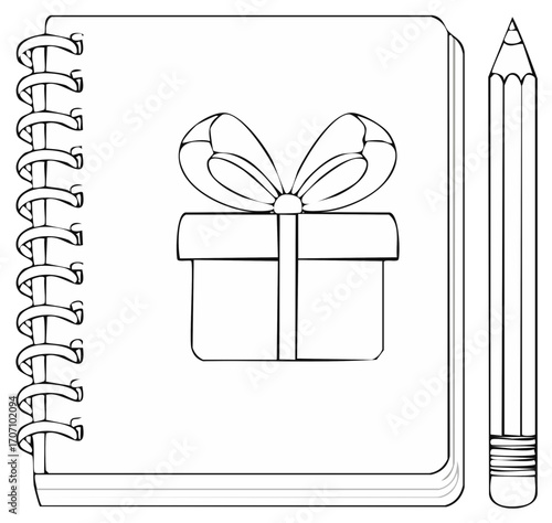 Notebook with gift box and pencil drawing. Black and white outline of a present and writing tools.