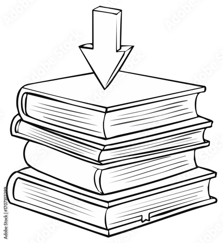 Stack of books with downward pointing arrow illustration