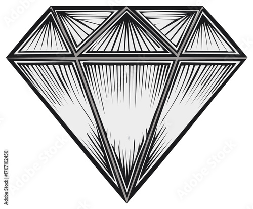 Stylized black and white diamond illustration radiating brilliance with intricate line work facets