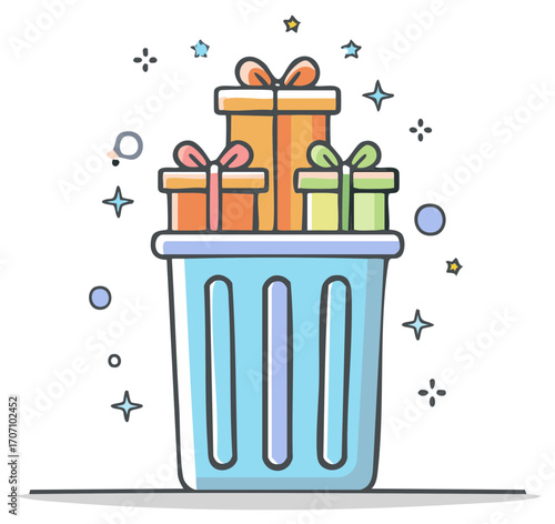 Cartoon illustration of colorful discarded gift boxes stacked in a trash can