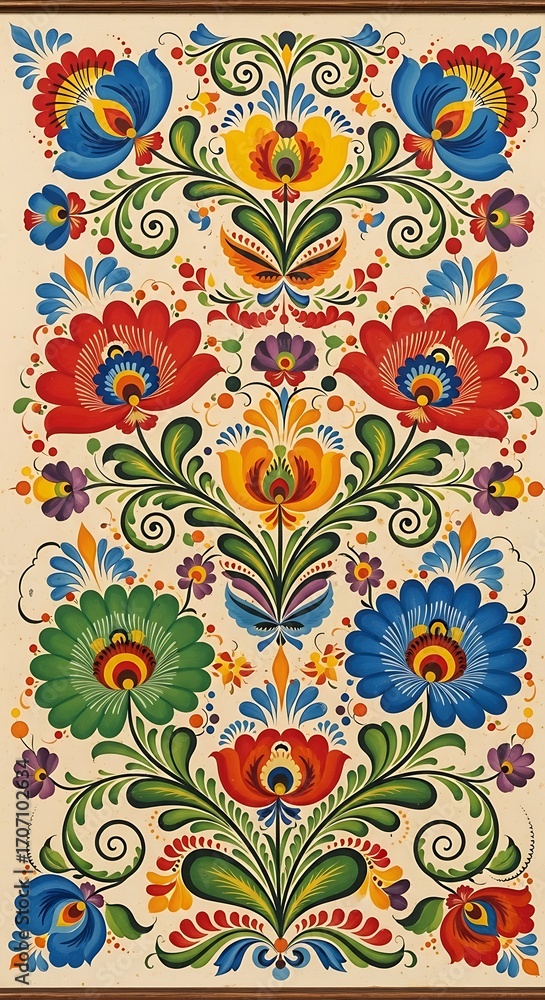 Fototapeta premium Vibrant floral design showcases a symmetrical pattern of stylized flowers and leaves in bold colors on a cream background.