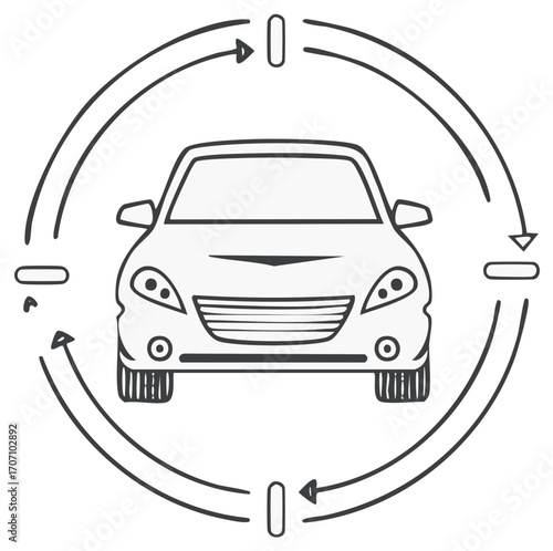 Automobile graphic illustrating a circular process with arrows and markers around a car.