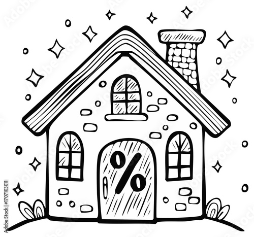 Drawn house with percentage symbol on door, concept of mortgage or sale
