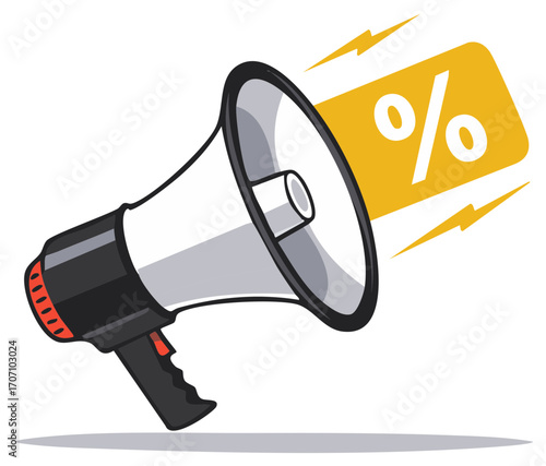 Megaphone and Percentage Sign Announcing Discounts and Sales, Vector Illustration