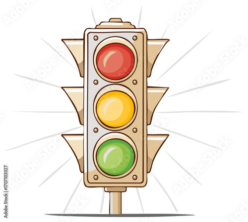 Illustration of cartoon traffic lights signal control equipment with red, yellow, green lights showing