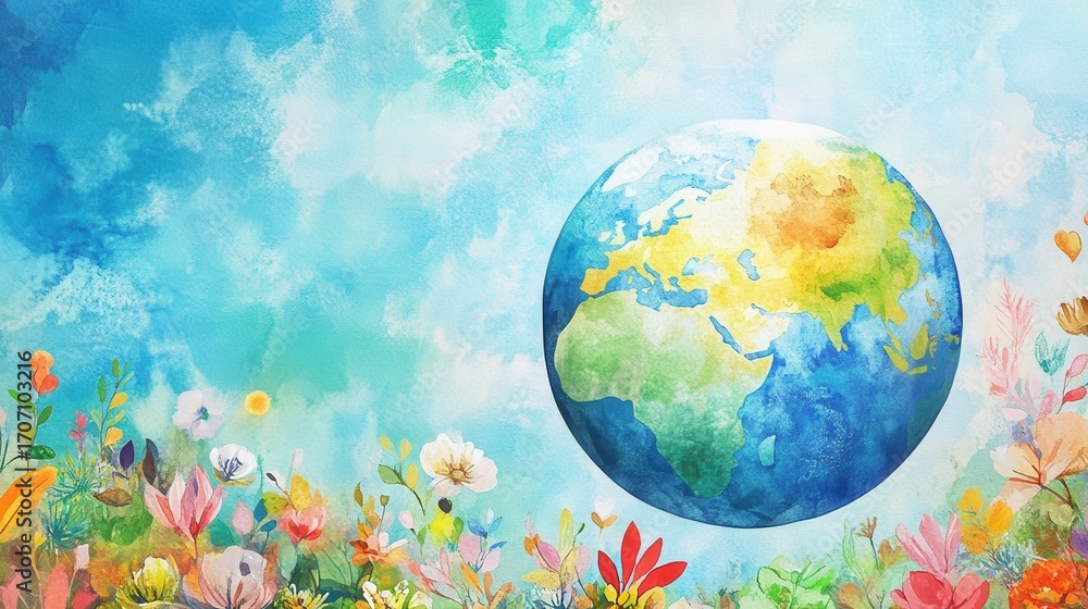 Naklejka premium Artistic illustration of globe surrounded by flowers in nature